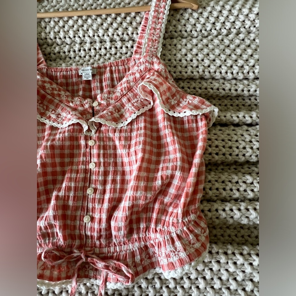 American Eagle Gingham Button Down Crop Top With … - image 8